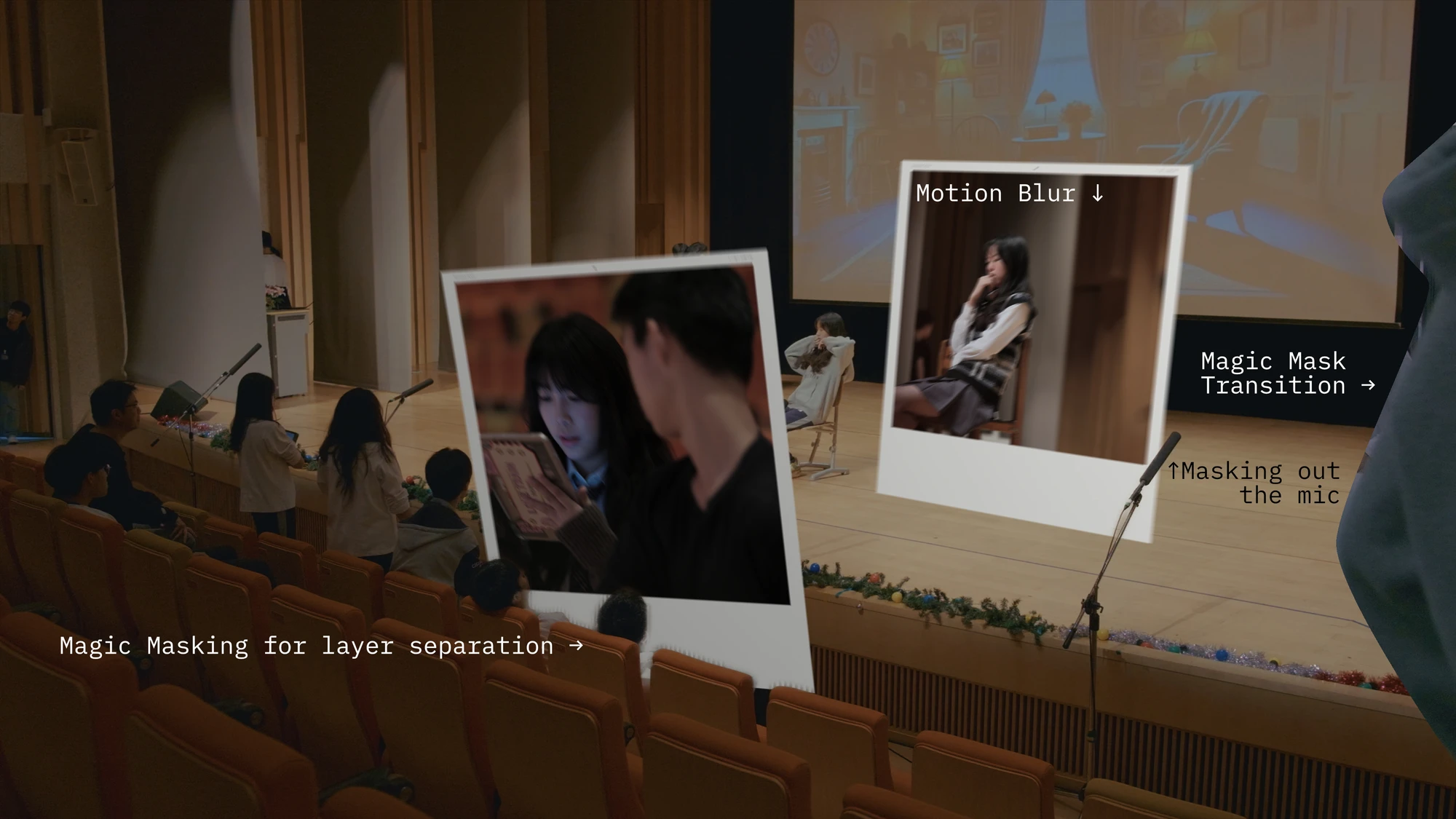 Adding masks of chairs and microphones to the floating Polaroids in the auditorium to enhance spatial depth